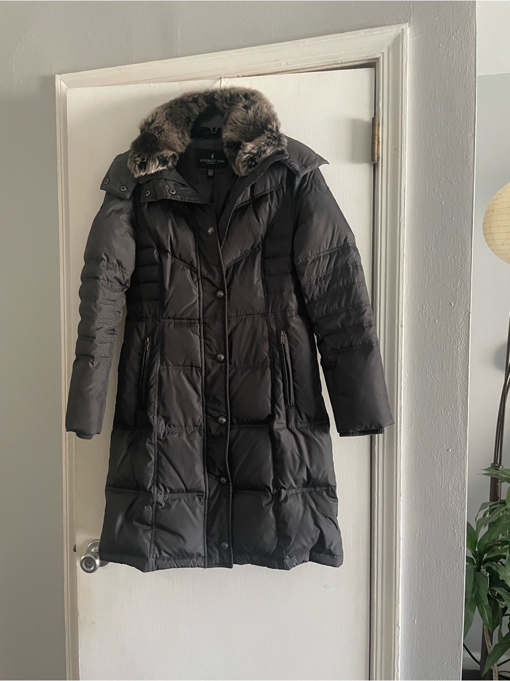 London Fog Women's Sz XS Midi Length Down Hooded Coat In Graphite